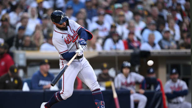Apr 18, 2023; San Diego, California, USA; Atlanta Braves left fielder Kevin Pillar (17) hits an RBI double against the San Diego Padres during the second inning at Petco Park.